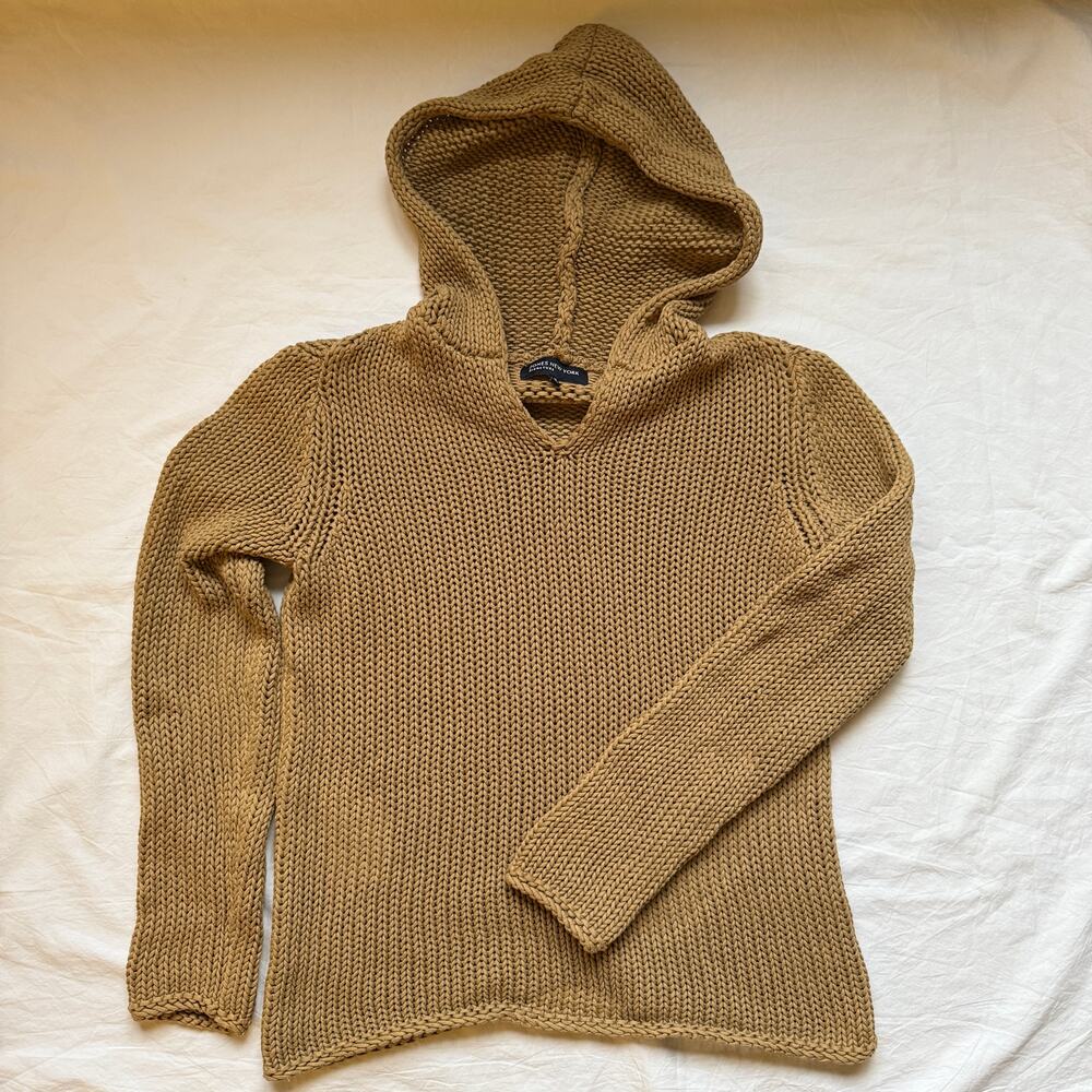Jones New York Signature 100% cotton, hooded, roll hem sweater, EUC, L, tan